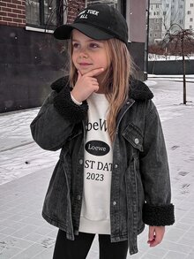 SHEIN 女童秋冬保暖抓絨內裡藍色長版外套，腰部收腰，適合女童校服，保暖外套，聖誕 - 黑色 - 查看 2