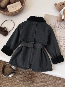 SHEIN 女童秋冬保暖抓絨內裡藍色長版外套，腰部收腰，適合女童校服，保暖外套，聖誕 - 黑色 - 查看 11