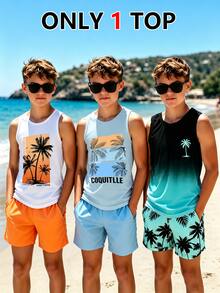 SHEIN Only 1 Top, Tween Boys Digital Gradient Pattern Design And Summer Coconut Tree Print Tank Top, Suitable For Outings, Picnics, Vacation Style, Holidays - White - View 2