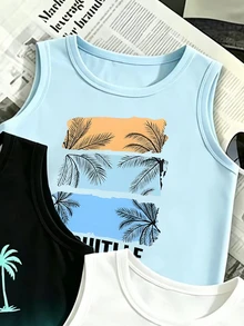 SHEIN Only 1 Top, Tween Boys Digital Gradient Pattern Design And Summer Coconut Tree Print Tank Top, Suitable For Outings, Picnics, Vacation Style, Holidays - White - View 6
