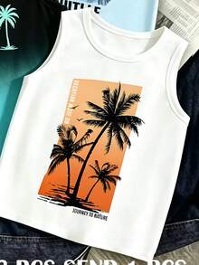 SHEIN Only 1 Top, Tween Boys Digital Gradient Pattern Design And Summer Coconut Tree Print Tank Top, Suitable For Outings, Picnics, Vacation Style, Holidays - White - View 8
