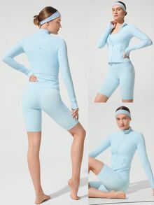 GLOWMODE FeatherFit™ Slim-It Streamline Performance Secure Pockets Zip Up Long Sleeve Jacket Low Impact Yoga Pilates Daily Valentine's Day - Aqua Blue - View 8