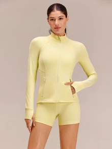 GLOWMODE FeatherFit™ Slim-It Streamline Performance Secure Pockets Zip Up Long Sleeve Jacket Low Impact Yoga Pilates Daily Valentine's Day - French Vanilla - View 4