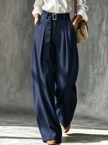 SHEIN Navy Blue Loose Wide Leg Pants With Pockets, Denim Effect Texture, Belt Design, Elegant Casual Fall, Winter, Vacation, Easter, Office Work - Navy Blue - View 4