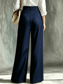 SHEIN Navy Blue Loose Wide Leg Pants With Pockets, Denim Effect Texture, Belt Design, Elegant Casual Fall, Winter, Vacation, Easter, Office Work - Navy Blue - View 2