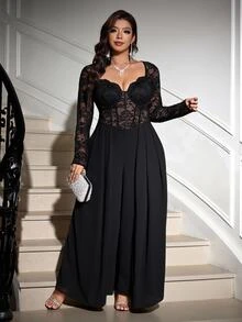 Reflora Plus Size Black Lace High Elasticity Party Evening Wedding Guest Cocktail Formal Jumpsuit Halloween Fall Sexy Fluffy Elegant - Black - View 10