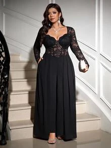 Reflora Plus Size Black Lace High Elasticity Party Evening Wedding Guest Cocktail Formal Jumpsuit Halloween Fall Sexy Fluffy Elegant - Black - View 12