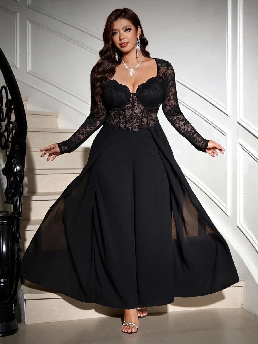 Reflora Plus Size Black Lace High Elasticity Party Evening Wedding Guest Cocktail Formal Jumpsuit Halloween Fall Sexy Fluffy Elegant - Black - View 1