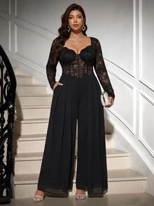 Reflora Plus Size Black Lace High Elasticity Party Evening Wedding Guest Cocktail Formal Jumpsuit Halloween Fall Sexy Fluffy Elegant - Black - View 7