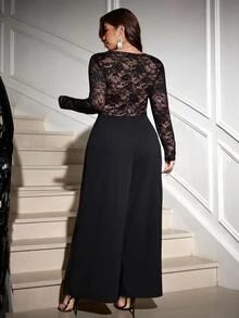 Reflora Plus Size Black Lace High Elasticity Party Evening Wedding Guest Cocktail Formal Jumpsuit Halloween Fall Sexy Fluffy Elegant - Black - View 13