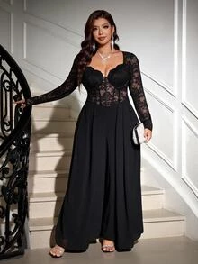 Reflora Plus Size Black Lace High Elasticity Party Evening Wedding Guest Cocktail Formal Jumpsuit Halloween Fall Sexy Fluffy Elegant - Black - View 11