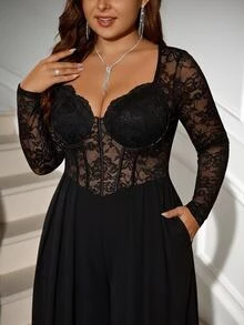 Reflora Plus Size Black Lace High Elasticity Party Evening Wedding Guest Cocktail Formal Jumpsuit Halloween Fall Sexy Fluffy Elegant - Black - View 8