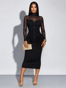 SOLERSUN Women's Mock Neck Mesh Long Sleeve Contrast Fabric Decorative Button Bodycon Midi Dress Daily Sexy Leisure Party Club Halloween Black Autumn - Black - View 8