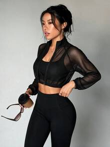 Slayform Slayform Zip Up Crop Mesh Sports Jacket - Black - View 1