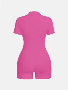 Gameset SHEIN Sport 女士纯色短袖拉链半开襟休闲运动连体裤 - 玫紅色 - 查看 5