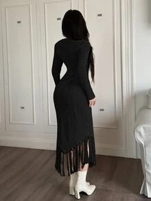 Feyla Women's Solid Color Round Neck Long Sleeve Hollow Out Tassel Hem Fitted Dress - Black - View 3
