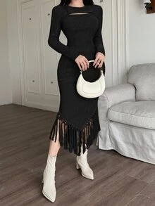 Feyla Women's Solid Color Round Neck Long Sleeve Hollow Out Tassel Hem Fitted Dress - Black - View 5