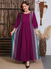 SHEIN Najma 大码女式几何花卉复古印花圆领褶裥腰部摆裙中长连衣裙，春季 - 彩色 - 查看 1