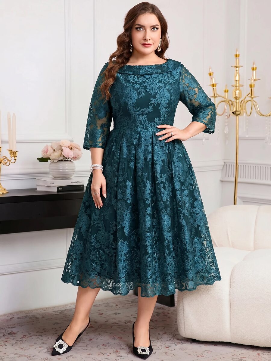 Reflora Plus Size Women's Dress Autumn Winter Elegant Teal Jacquard 3/4 Sleeve Long For Party Formal Cocktail Evening Casual Wear Saudi National Day Wedding