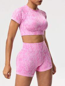 Gameset SHEIN Sport Bộ đồ tập luyện thể thao liền mạch cho nữ, áo ba lỗ hở lưng in họa tiết toàn thân và quần đùi đạp xe - Hồng - Xem 8