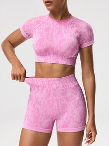 Gameset SHEIN Sport Bộ đồ tập luyện thể thao liền mạch cho nữ, áo ba lỗ hở lưng in họa tiết toàn thân và quần đùi đạp xe - Hồng - Xem 5