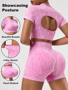 Gameset SHEIN Sport Bộ đồ tập luyện thể thao liền mạch cho nữ, áo ba lỗ hở lưng in họa tiết toàn thân và quần đùi đạp xe - Hồng - Xem 4