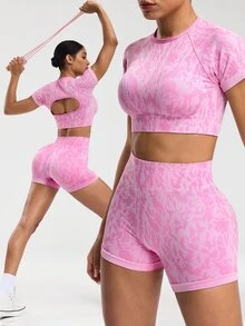 Gameset SHEIN Sport Bộ đồ tập luyện thể thao liền mạch cho nữ, áo ba lỗ hở lưng in họa tiết toàn thân và quần đùi đạp xe - Hồng - Xem 3