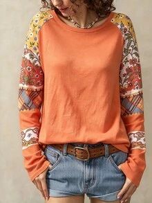 SHEIN LUNE 女款基礎秋季條紋長袖圓領休閒上衣 T-shirt，適合日常街頭穿搭 - 彩色 - 查看 1