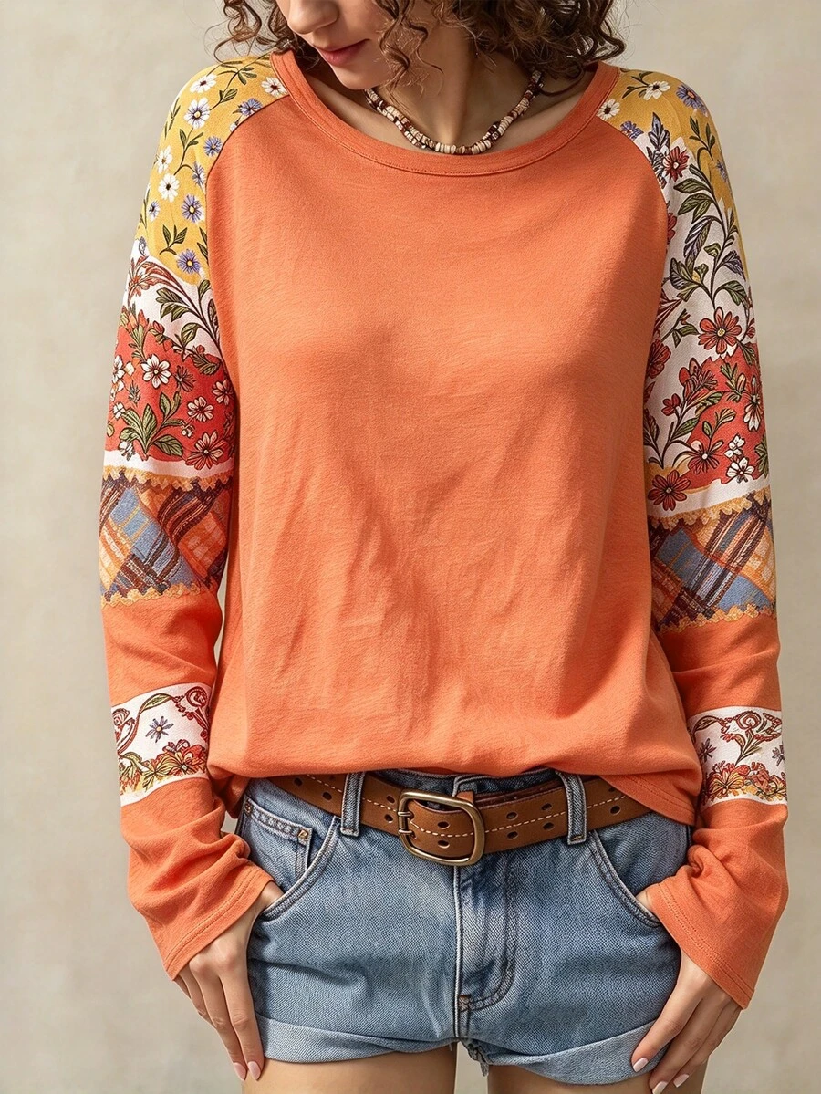 SHEIN LUNE 女款基礎秋季條紋長袖圓領休閒上衣 T-shirt,適合日常街頭穿搭 - 彩色 - 查看 1