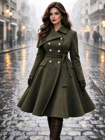 Velvienne Abrigo casual elegante de talla grande para mujer, verde militar, de doble botonadura, con solapa asimétrica, corte A, ajuste ceñido favorecedor, largo hasta la rodilla, otoño/invierno