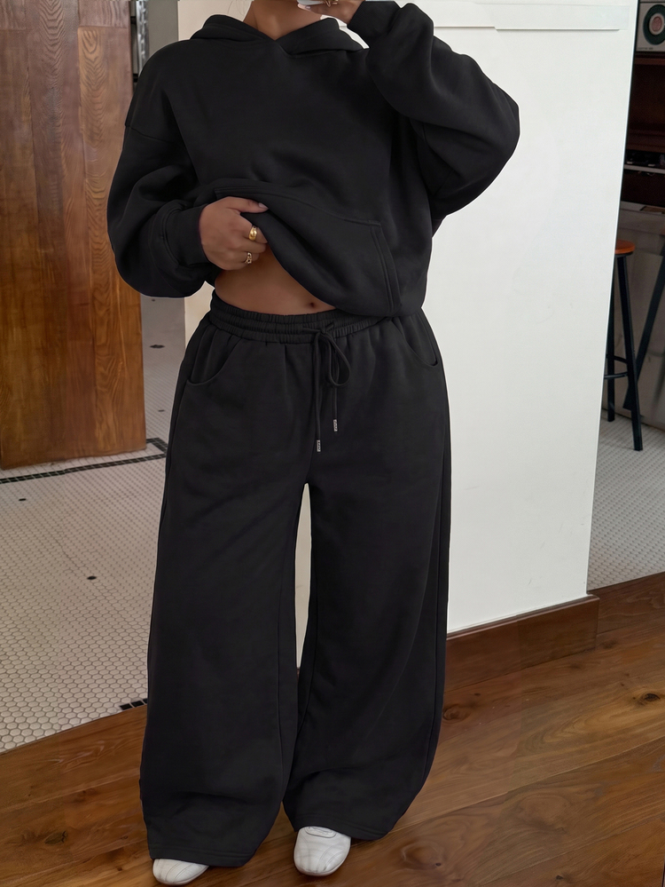 Muchica Black Plus Size Women's Solid Color Hooded Long Sleeve Sweatshirt & Sweatpants Casual Daily 2 Pieces Set (Autumn/Winter) - Black - View 7