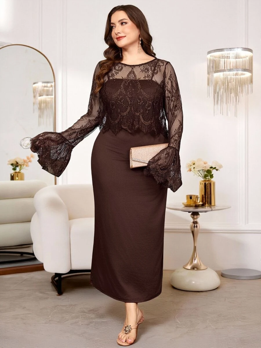 Reflora Plus Size Women's 2 Pieces Set, All-Season Wear, Elegant, Lace, Elegant, Daily Outings, Long Sleeve, Long Length Fall Party Dinner Formal Brown