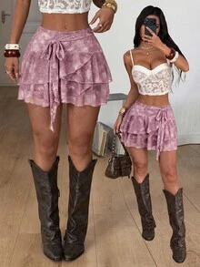 Coolane Women's Fall Lace Chic Elegant Casual Going Out Relaxed Warm Soft Office Lounge Everyday Vintage Work Pink Print Ruffle Hem Drawstring Mini Skirt - Pink - View 4