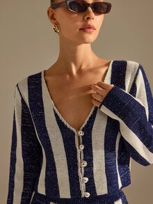 CLARA VERO طقم ميني مخطط بأزرار وياقة V، ضيق، للحفلات أو السهرات، بتفاصيل زهور، تنورة A-Line، مطاطي - متعدد الألوان - مشاهدة 6