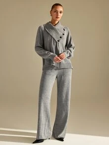 CLARA VERO Grey Button Turtleneck Palazzo Set, Oversize Fit, Cozy Office Or Travel, Asymmetrical Collar - Grey - View 6