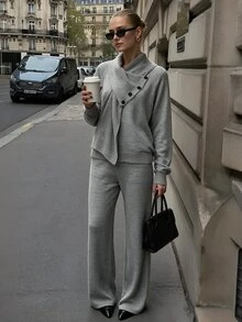 CLARA VERO Grey Button Turtleneck Palazzo Set, Oversize Fit, Cozy Office Or Travel, Asymmetrical Collar - Grey - View 7
