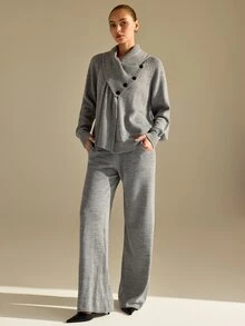 CLARA VERO Grey Button Turtleneck Palazzo Set, Oversize Fit, Cozy Office Or Travel, Asymmetrical Collar - Grey - View 3