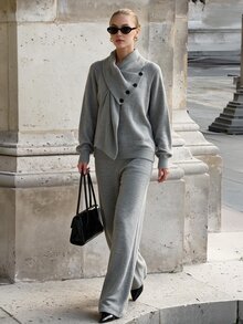 CLARA VERO Grey Button Turtleneck Palazzo Set, Oversize Fit, Cozy Office Or Travel, Asymmetrical Collar - Grey - View 5