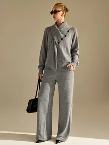 CLARA VERO Grey Button Turtleneck Palazzo Set, Oversize Fit, Cozy Office Or Travel, Asymmetrical Collar - Grey - View 1