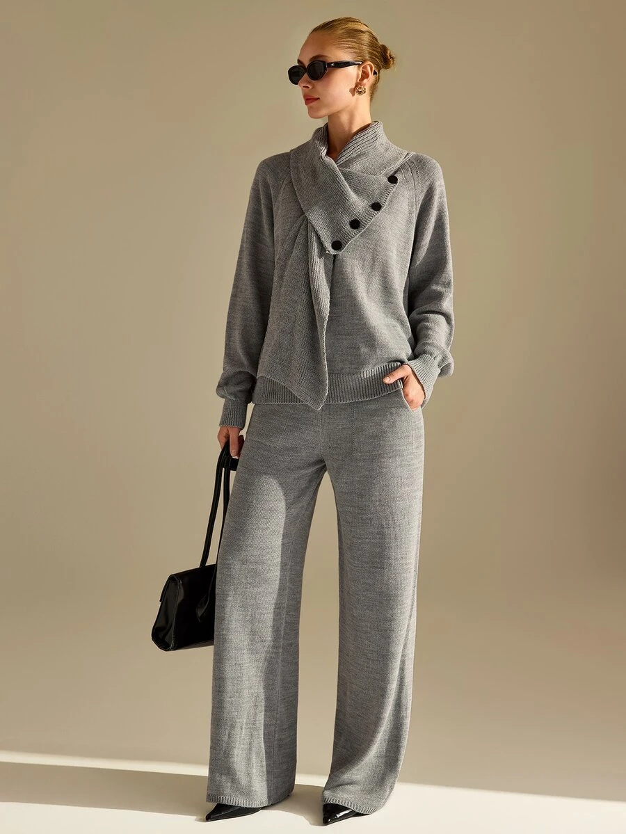 CLARA VERO Grey Button Turtleneck Palazzo Set, Oversize Fit, Cozy Office Or Travel, Asymmetrical Collar - Grey - View 1