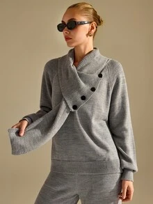 CLARA VERO Grey Button Turtleneck Palazzo Set, Oversize Fit, Cozy Office Or Travel, Asymmetrical Collar - Grey - View 9