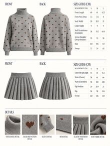 CLARA VERO Heart Pattern Knit Pleated Skirt Set, Oversize Fit, Cute Cafe Or School, Brown Heart Motif Sweater - Grey - View 10