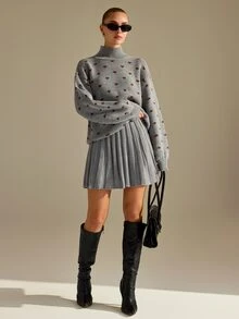 CLARA VERO Heart Pattern Knit Pleated Skirt Set, Oversize Fit, Cute Cafe Or School, Brown Heart Motif Sweater - Grey - View 4