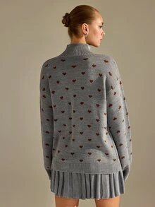 CLARA VERO Heart Pattern Knit Pleated Skirt Set, Oversize Fit, Cute Cafe Or School, Brown Heart Motif Sweater - Grey - View 2