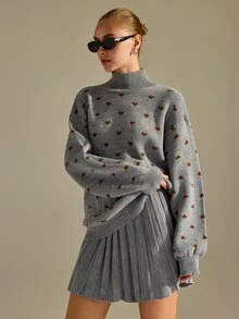 CLARA VERO Heart Pattern Knit Pleated Skirt Set, Oversize Fit, Cute Cafe Or School, Brown Heart Motif Sweater - Grey - View 3