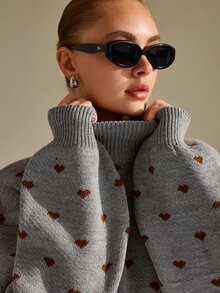 CLARA VERO Heart Pattern Knit Pleated Skirt Set, Oversize Fit, Cute Cafe Or School, Brown Heart Motif Sweater - Grey - View 7