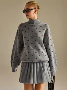 CLARA VERO Heart Pattern Knit Pleated Skirt Set, Oversize Fit, Cute Cafe Or School, Brown Heart Motif Sweater - Grey - View 6