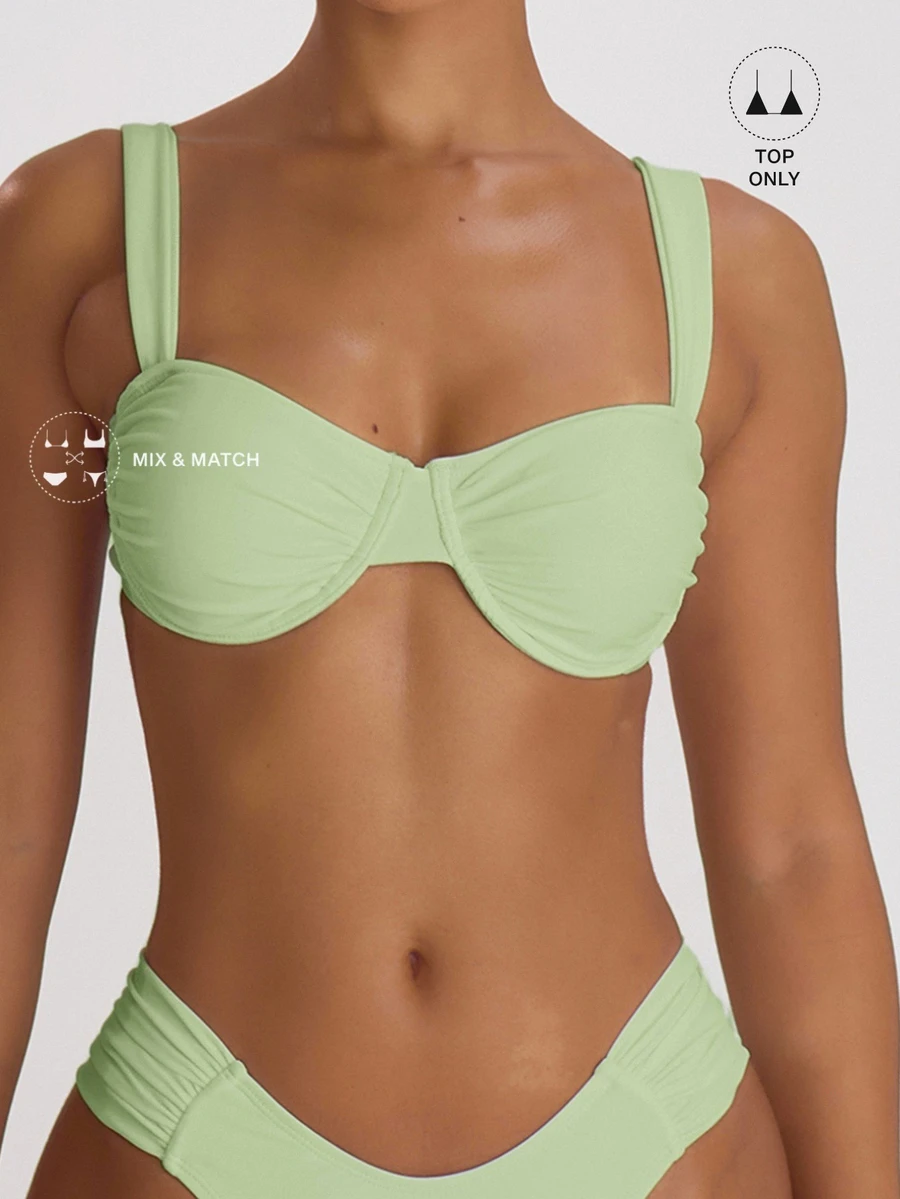 Musera Resort Underwire Thick Shoulder Ruched Cup Bikini Top Swim Vacation Holiday Summer Travel Beachwear Basics Solid Colour Swimwear Resort Core Fall Autumn - Mint Green - View 1