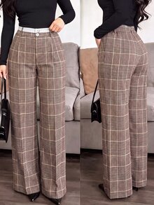 GlowEve CURVE Plus Size Women Contrast Color Waistband Straight Leg Casual Pants Fall Cloth For Women - Brown - View 8