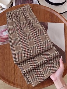 GlowEve CURVE Plus Size Women Contrast Color Waistband Straight Leg Casual Pants Fall Cloth For Women - Brown - View 2